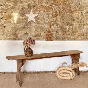 Banc de ferme ancien – Pièce vintage campagne chic en bois patiné